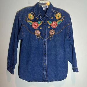 Vintage Pretty Bleu Blue Acid Washed Denim Beaded Sequin Embellished Shirt Sz M